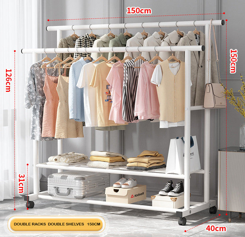 Large 1.5m Wide Double 2-Tier Coat Hanging Stand Wardrobe Clothes Hanger Rack (White)