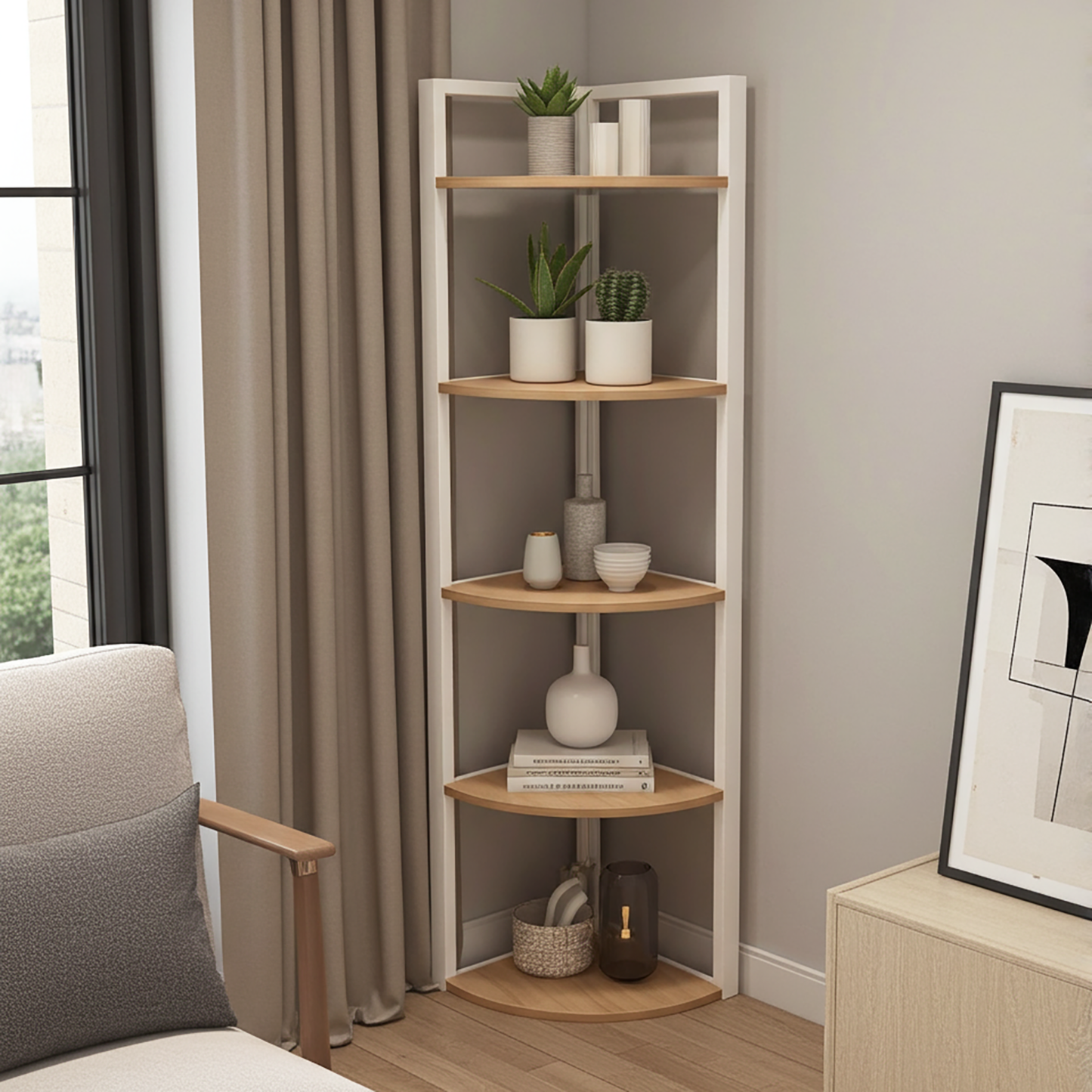 Optima 5 Tier Wood & Steel Corner Shelf Organizer Unit (Rustic Oak & White)