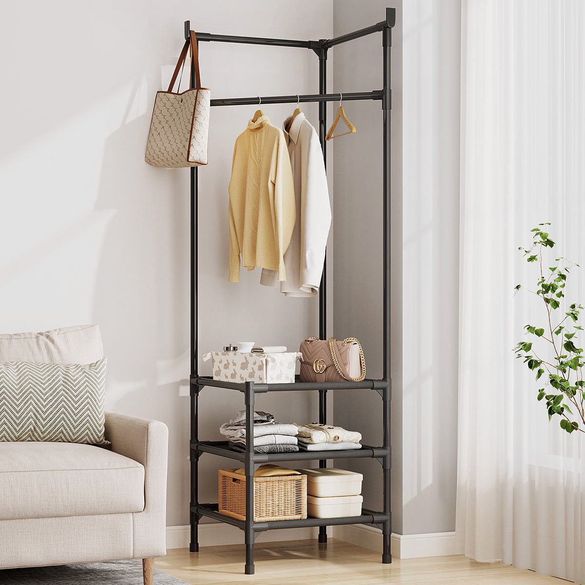 Tall Corner Wardrobe Clothes Hanger Coat Stand Hanging Rail Storage Shelve with Shoe Rack