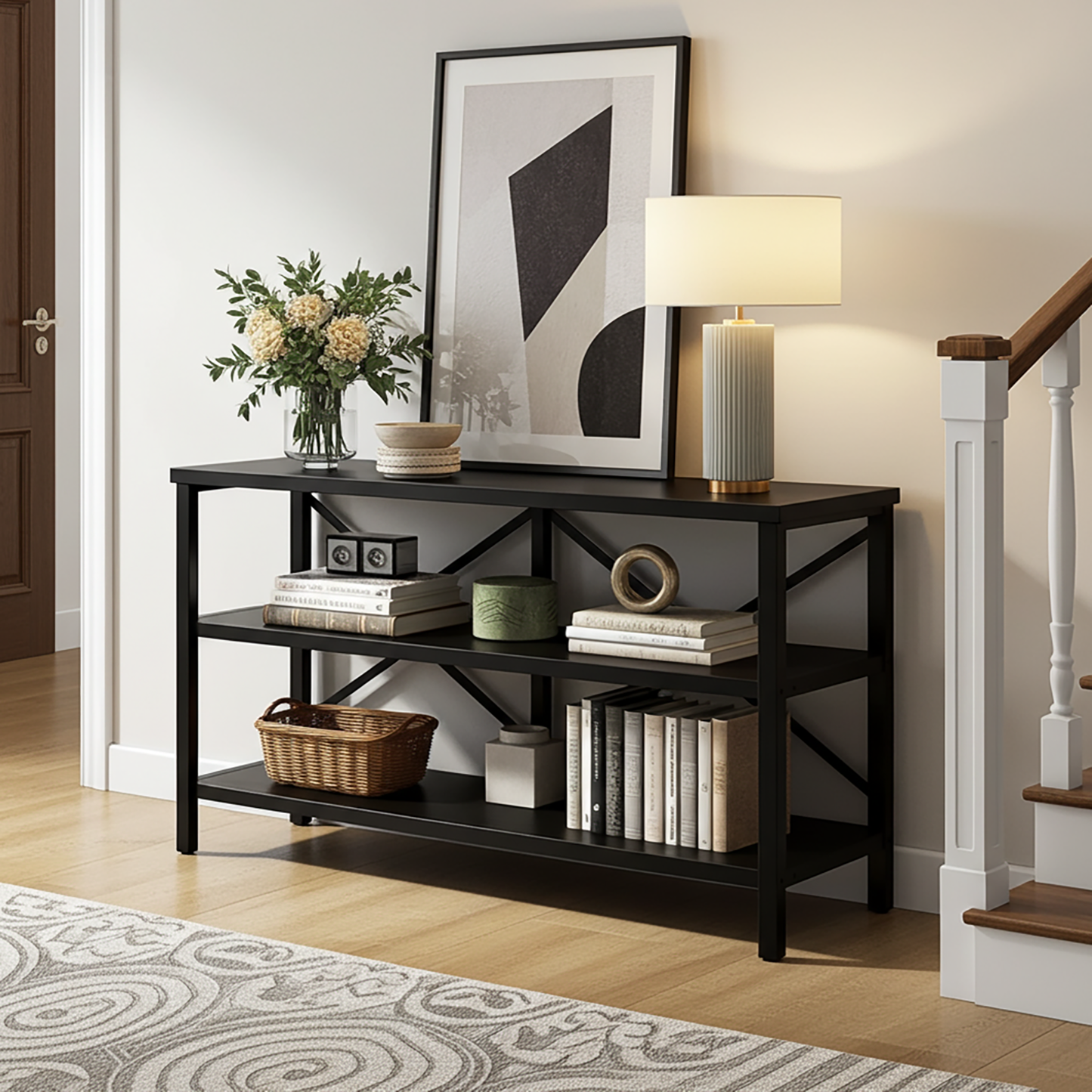 Serenity Industrial Console Table Bookcase TV Stand Storage Shelf Unit (Black)