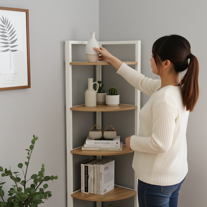 Optima 5 Tier Wood & Steel Corner Shelf Organizer Unit (Rustic Oak & White)