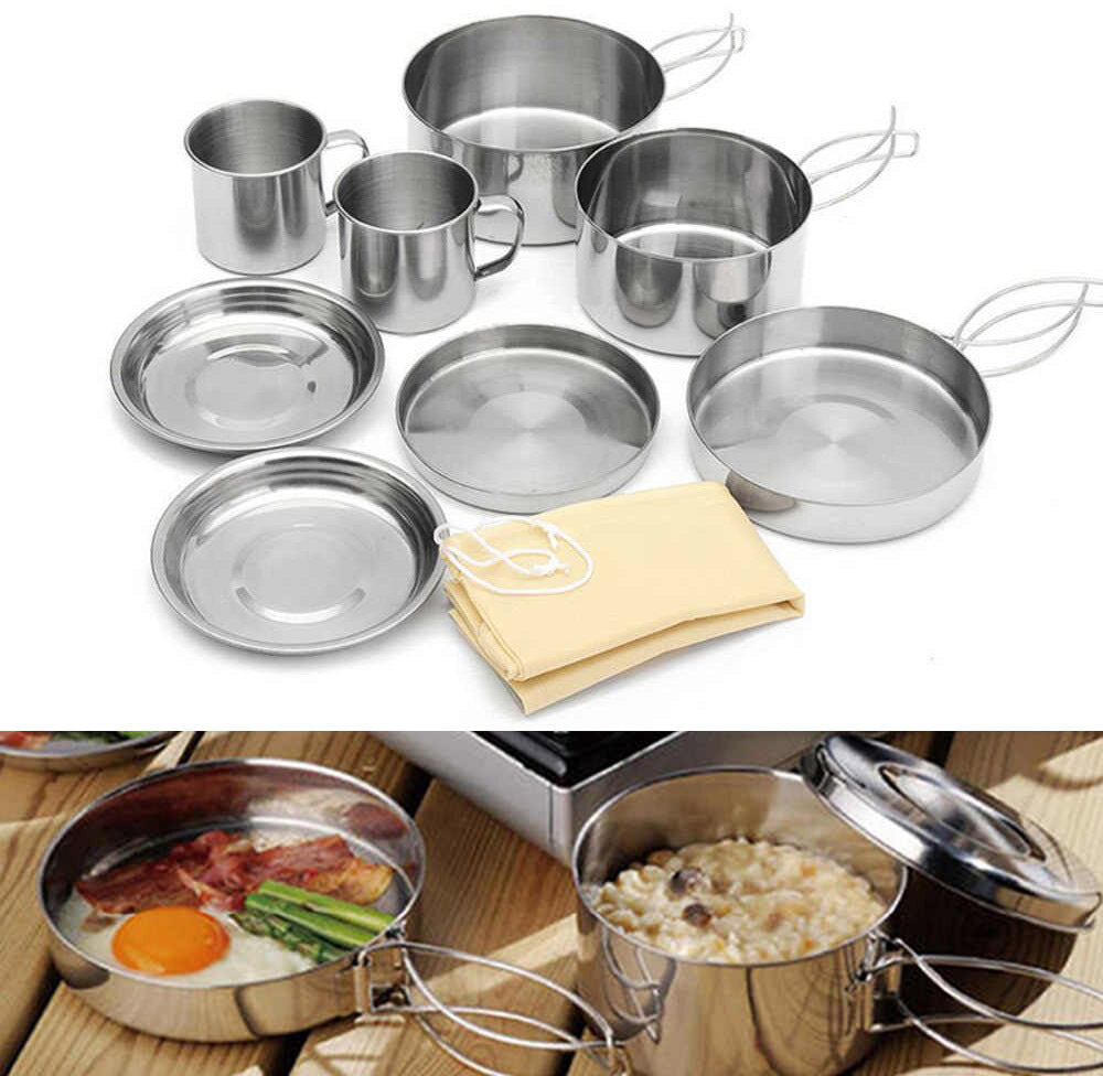 8-Piece Stainless Steel Camping Cookware Pots Pans Plates Mugs Set