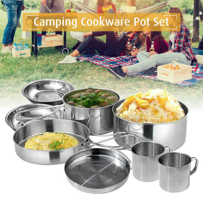 8-Piece Stainless Steel Camping Cookware Pots Pans Plates Mugs Set