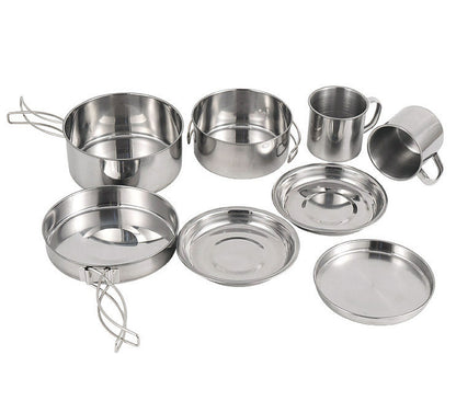 8-Piece Stainless Steel Camping Cookware Pots Pans Plates Mugs Set