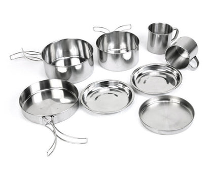 8-Piece Stainless Steel Camping Cookware Pots Pans Plates Mugs Set