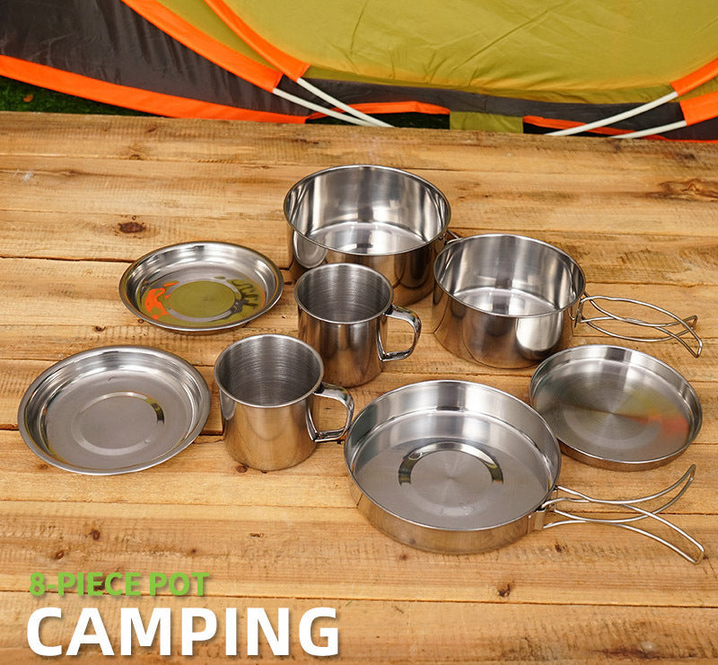 8-Piece Stainless Steel Camping Cookware Pots Pans Plates Mugs Set