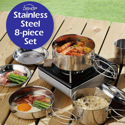 8-Piece Stainless Steel Camping Cookware Pots Pans Plates Mugs Set