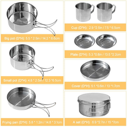 8-Piece Stainless Steel Camping Cookware Pots Pans Plates Mugs Set