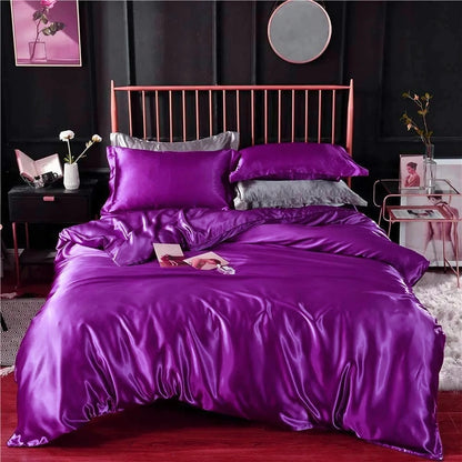 Luxury 4-Piece Silky Satin Sheet Quilt Cover Pillowcase Bed Set (Double, Purple)