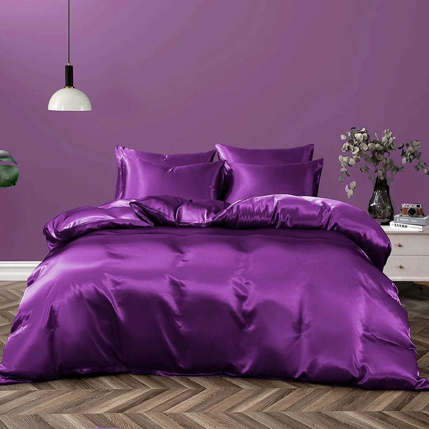 Luxury 4-Piece Silky Satin Sheet Quilt Cover Pillowcase Bed Set (Double, Purple)