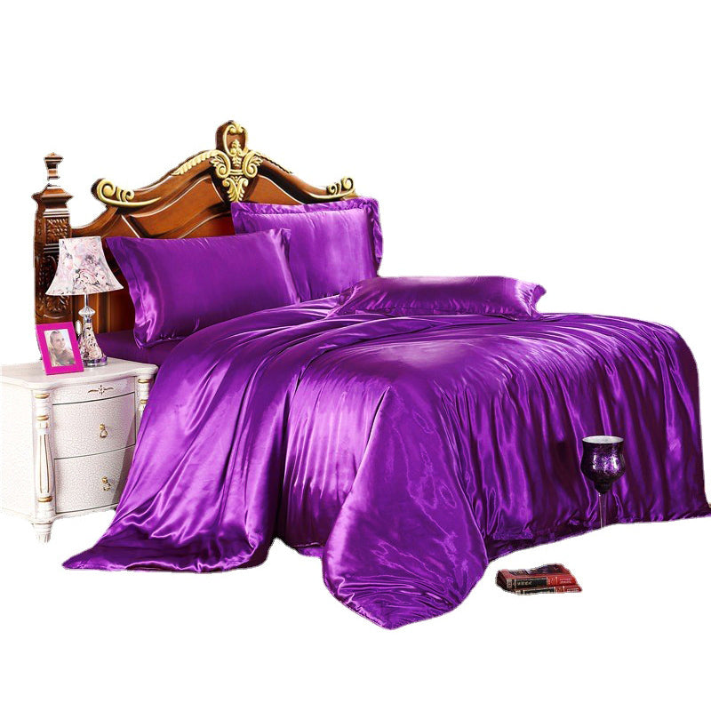 Luxury 4-Piece Silky Satin Sheet Quilt Cover Pillowcase Bed Set (Double, Purple)