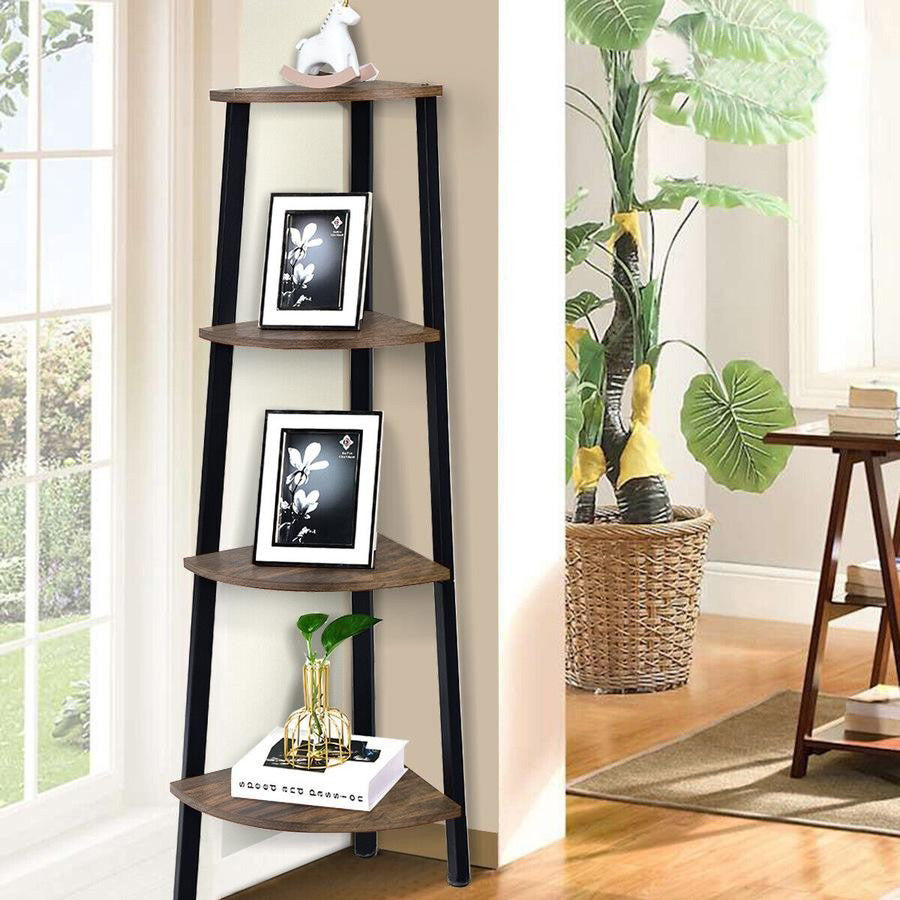 4-Tier Corner Ladder Shelf Unit Rustic Wood & Steel Display Stand Storage Rack