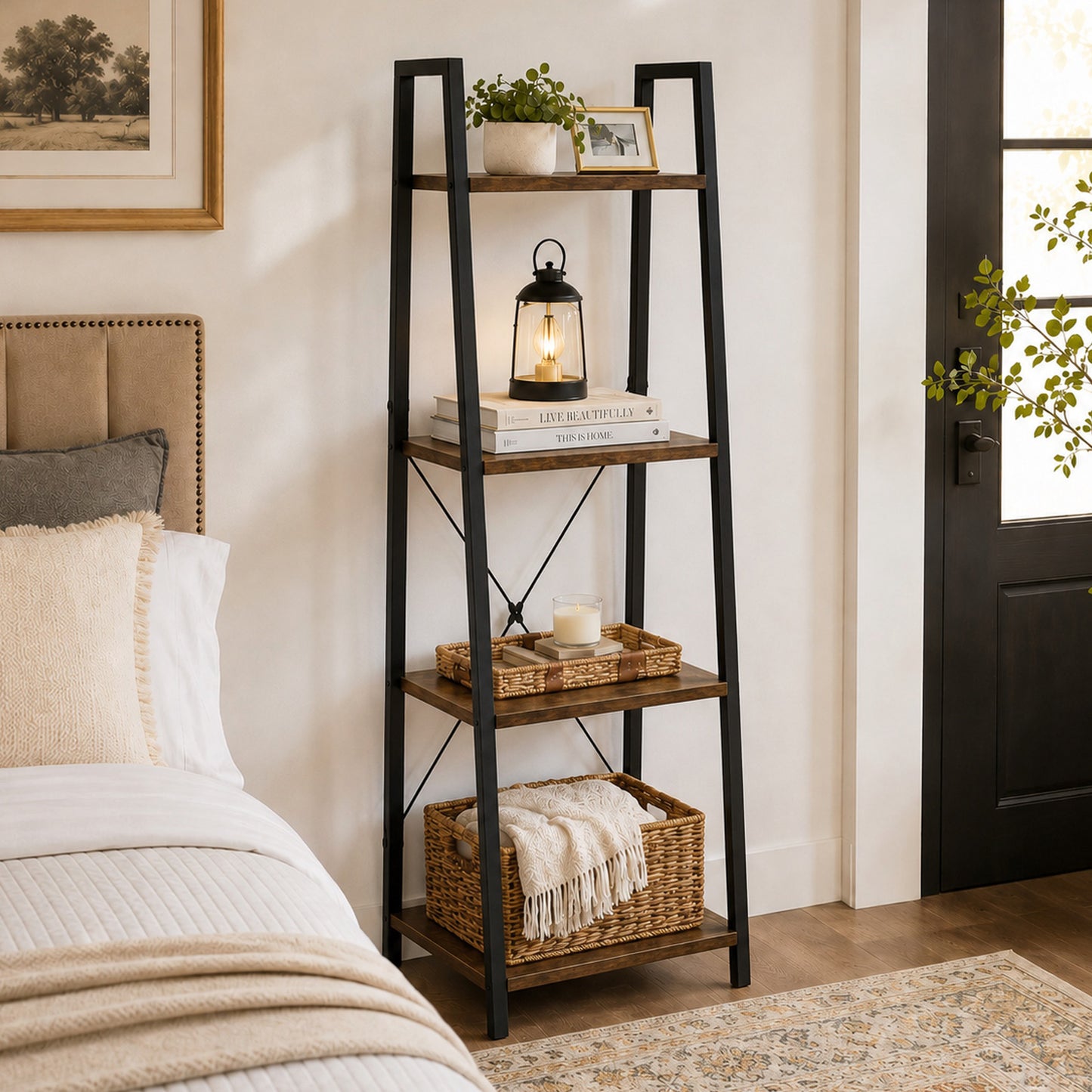 Elevate Rustic Wood & Metal 4-Tier Ladder Shelf Bookcase Storage Organizer