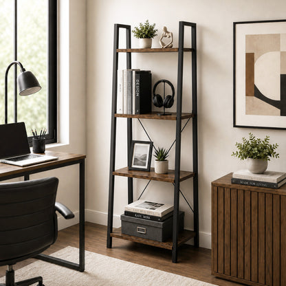 Elevate Rustic Wood & Metal 4-Tier Ladder Shelf Bookcase Storage Organizer