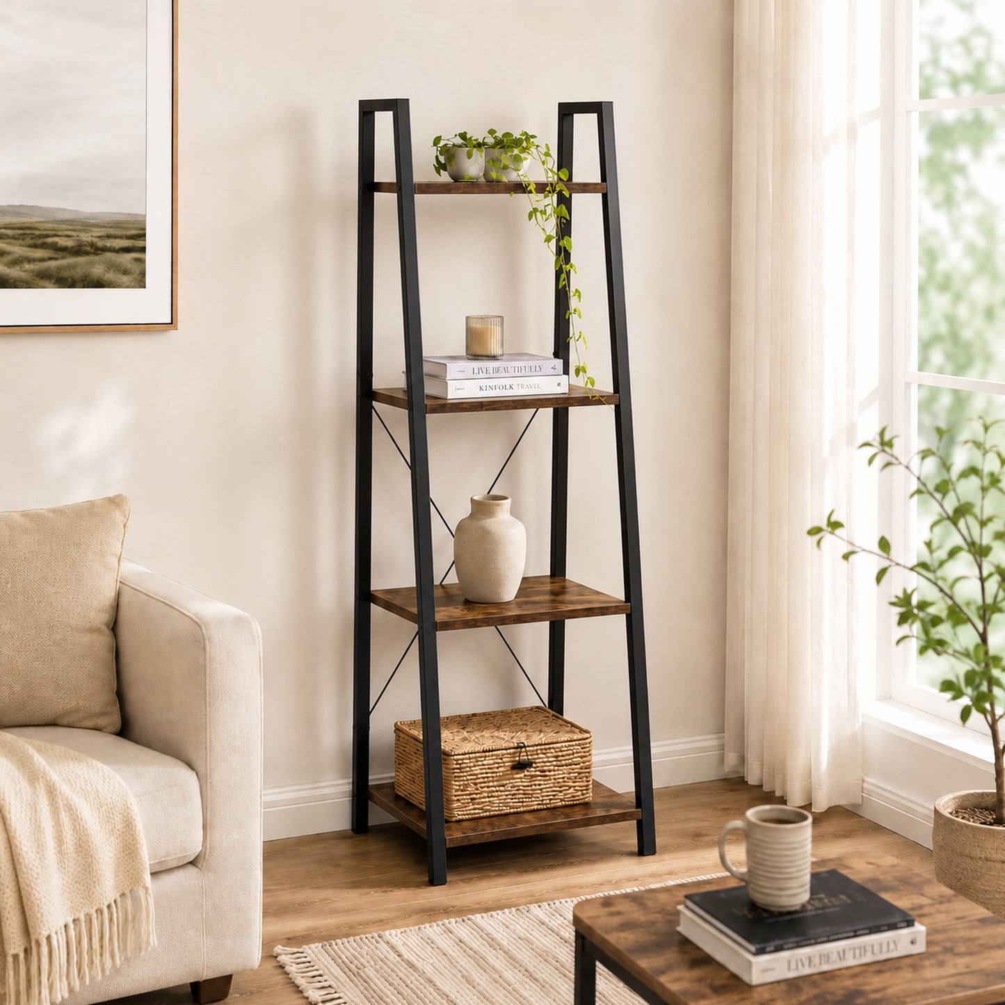 Elevate Rustic Wood & Metal 4-Tier Ladder Shelf Bookcase Storage Organizer