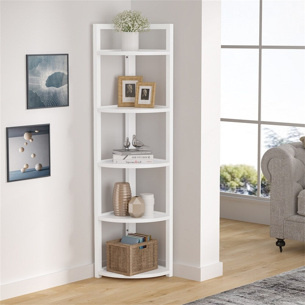 Deluxe 5 Tier Wood & Steel Corner Shelf Organizer Unit (White)