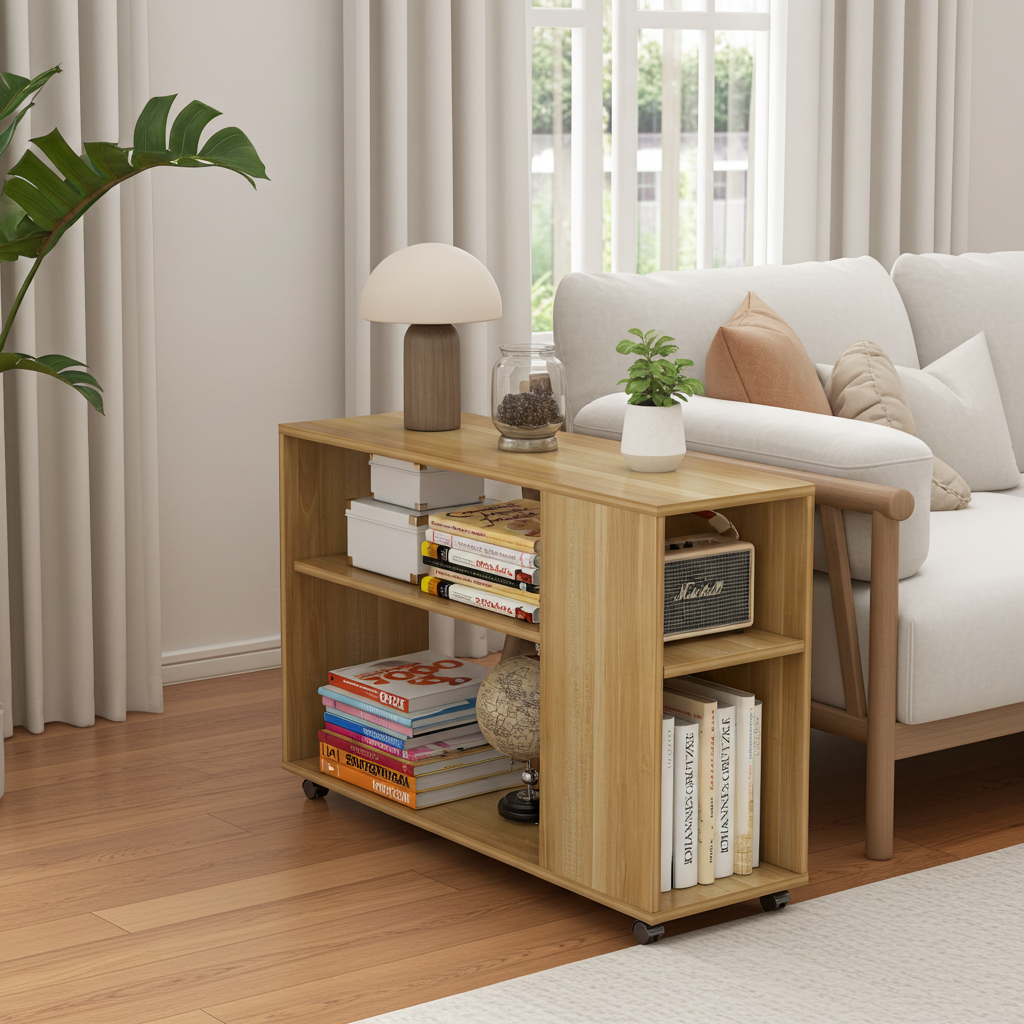 Versatile Sofa Side Table & Magazine Shelf with Casters (Oak)