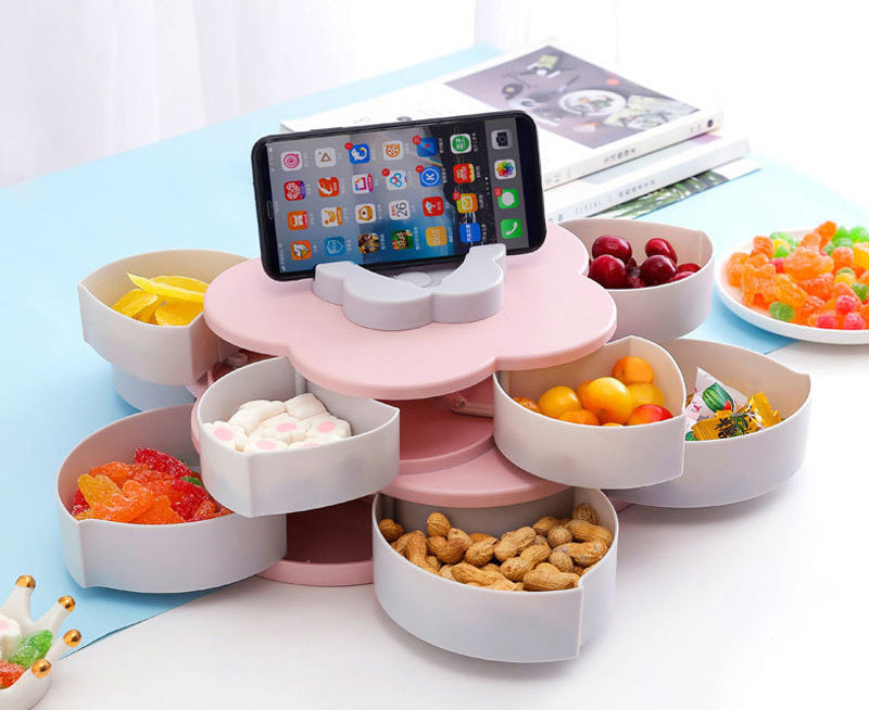 Multilayer Flower 10 Containers Snack Fruit Bowl Rotating Food Tray (Pink)