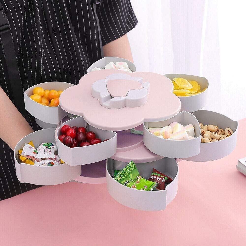 Multilayer Flower 10 Containers Snack Fruit Bowl Rotating Food Tray (Pink)