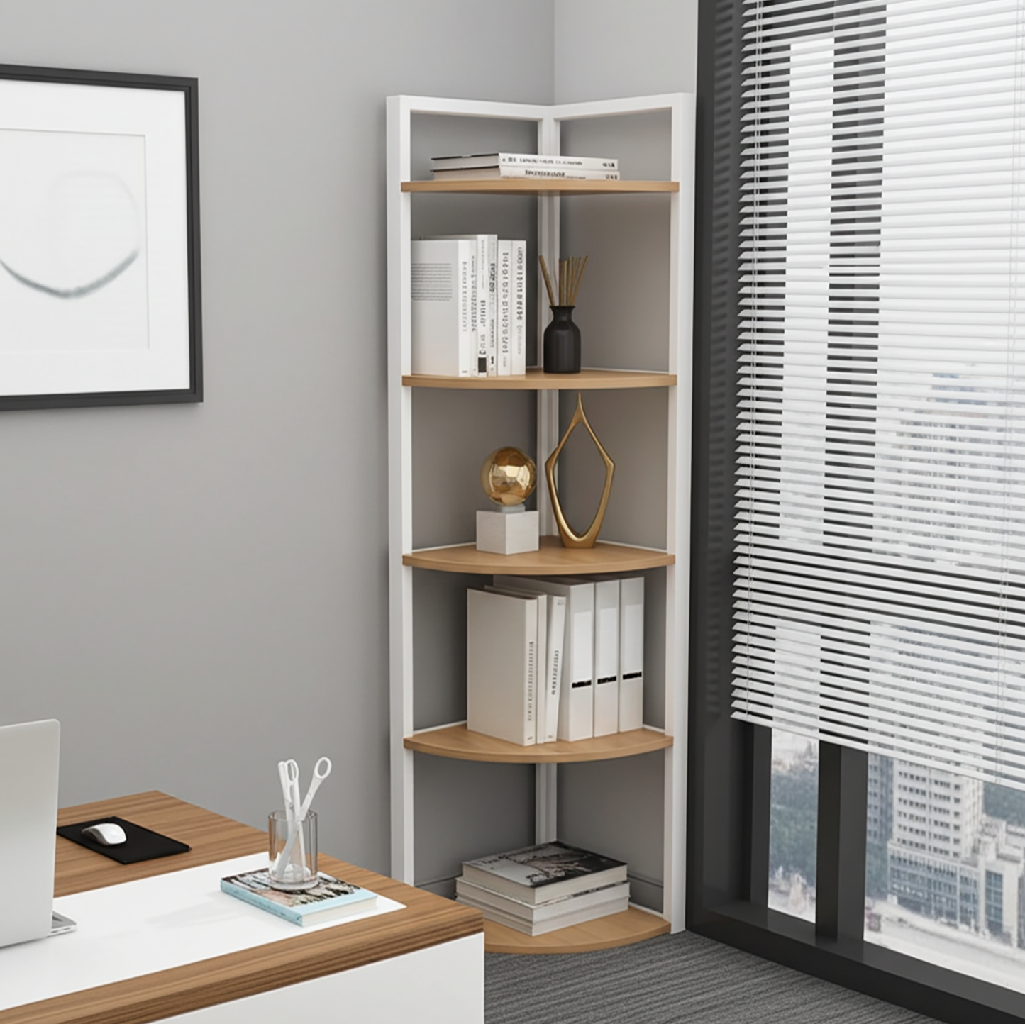 Optima 5 Tier Wood & Steel Corner Shelf Organizer Unit (Rustic Oak & White)