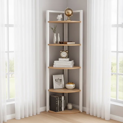 Optima 5 Tier Wood & Steel Corner Shelf Organizer Unit (Rustic Oak & White)
