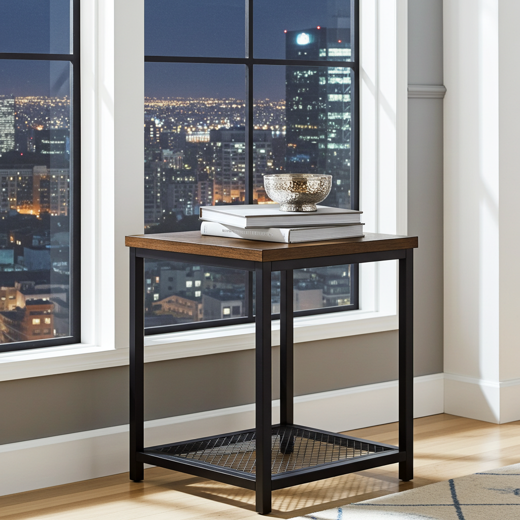 Loft Rustic Industrial Wood & Steel Side Table with Storage Shelf