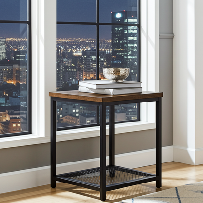 Loft Rustic Industrial Wood & Steel Side Table with Storage Shelf