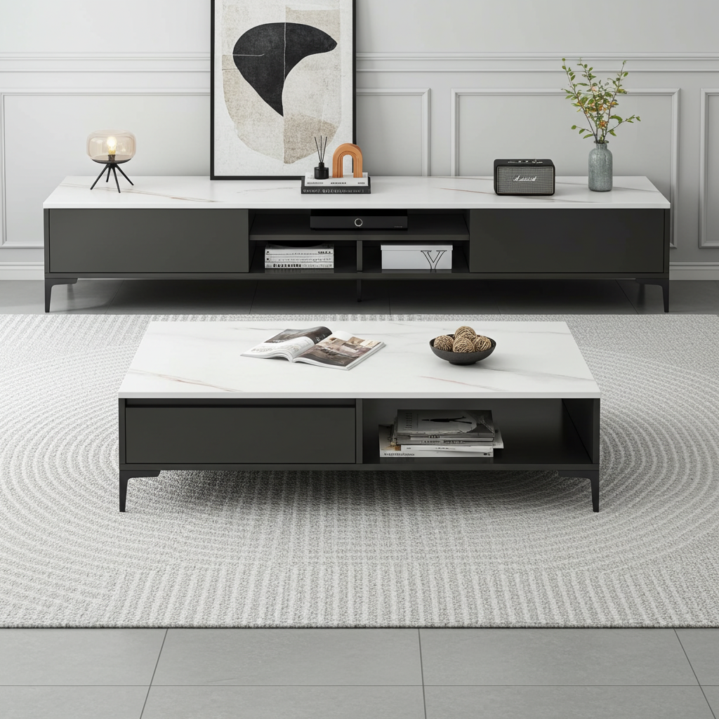 2-Piece Set Minimalist Large Coffee Table & TV Cabinet