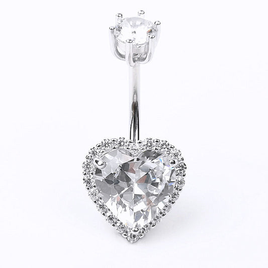 S925 Sterling Silver Heart Shaped CZ Diamond Navel Ring Body Piercing