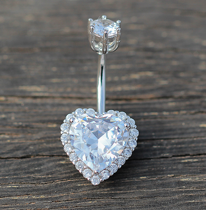 S925 Sterling Silver Heart Shaped CZ Diamond Navel Ring Body Piercing