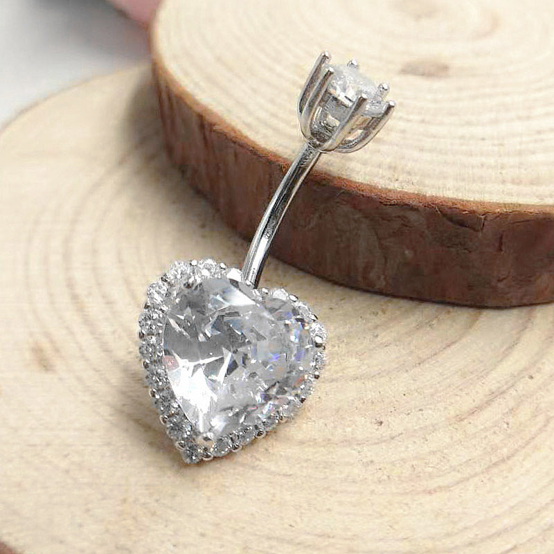 S925 Sterling Silver Heart Shaped CZ Diamond Navel Ring Body Piercing