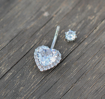 S925 Sterling Silver Heart Shaped CZ Diamond Navel Ring Body Piercing