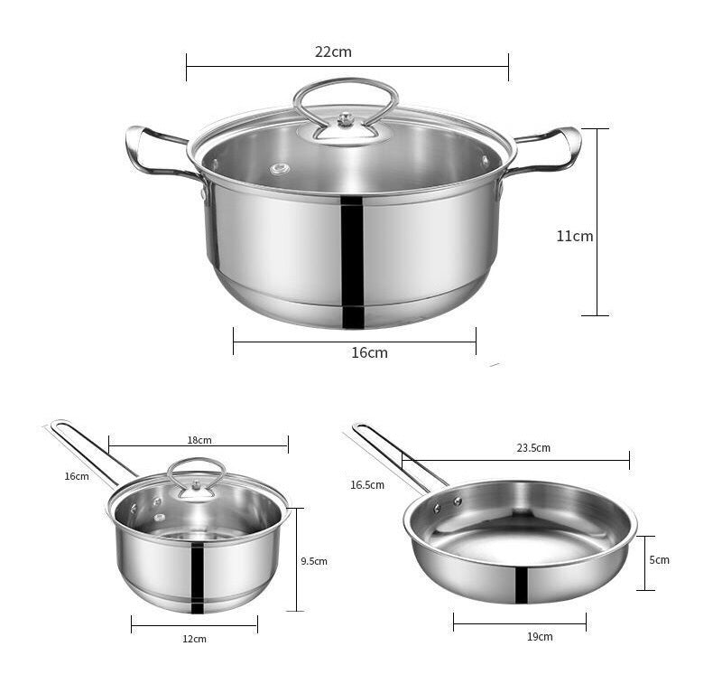 3-Piece Stainless Steel Kitchen Cookware Pots Pan Set