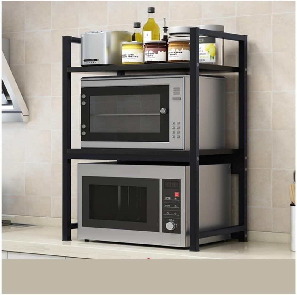 2-Tier Adjustable Multifunction Steel Microwave Oven Rack Stand Kitchen Shelf (Black)