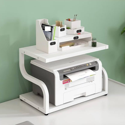 Deluxe Rustic Oak Desktop Shelf Wood & Steel Printer Stand Storage Rack Organizer (White)