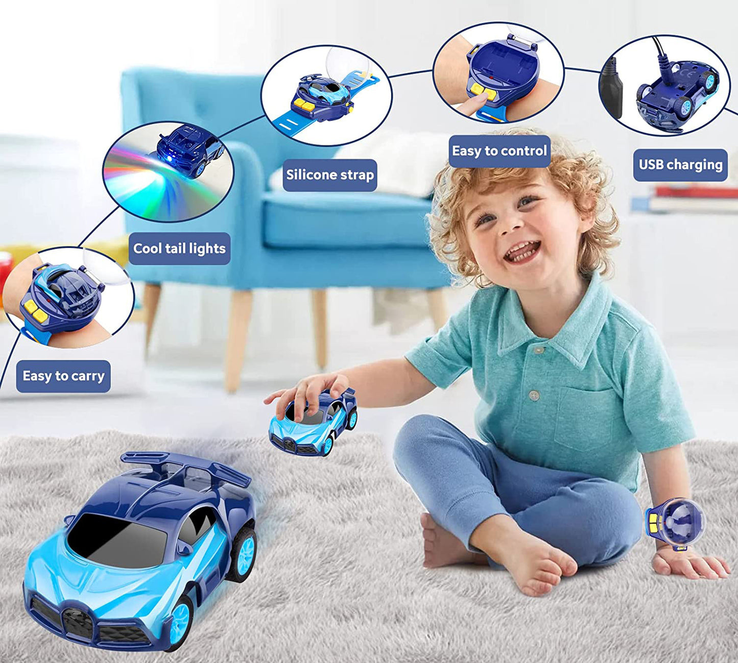 Remote Control Car Watch Kids Rechargeable RC Toy (Blue)