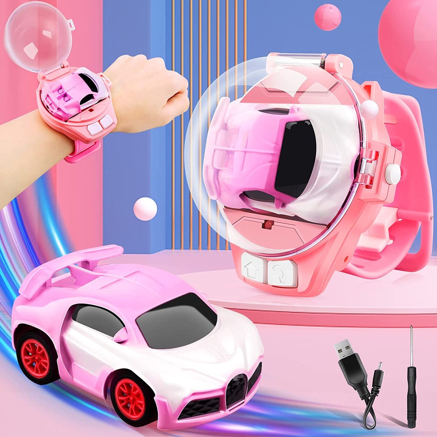 Remote Control Car Watch Kids Rechargeable RC Toy (Pink)