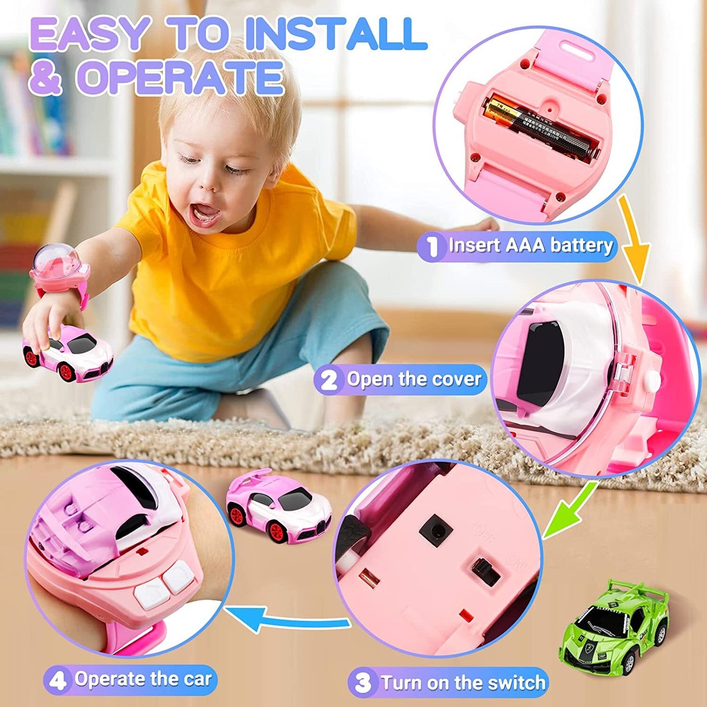 Remote Control Car Watch Kids Rechargeable RC Toy (Pink)