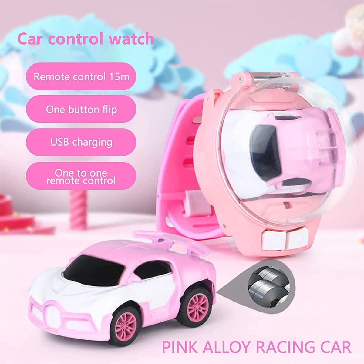 Remote Control Car Watch Kids Rechargeable RC Toy (Pink)