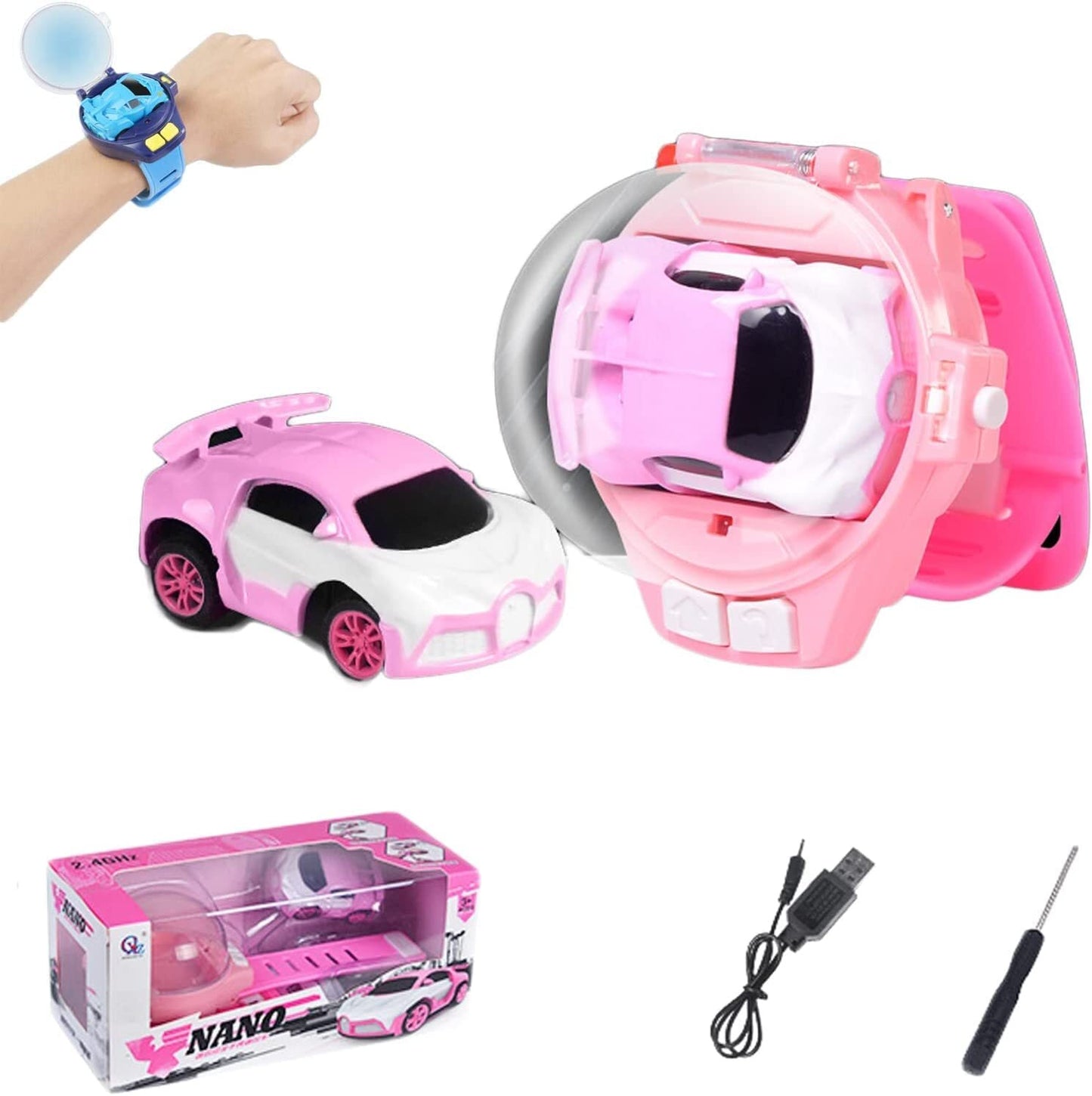 Remote Control Car Watch Kids Rechargeable RC Toy (Pink)