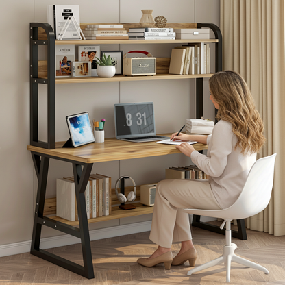 Aspire Large Industrial Office Computer Desk Workstation with Bookshelf (Oak)
