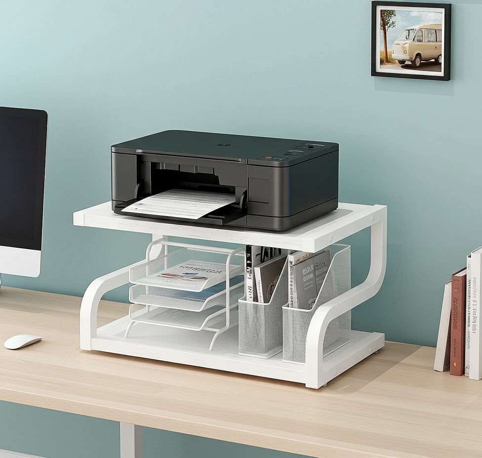Deluxe Rustic Oak Desktop Shelf Wood & Steel Printer Stand Storage Rack Organizer (White)