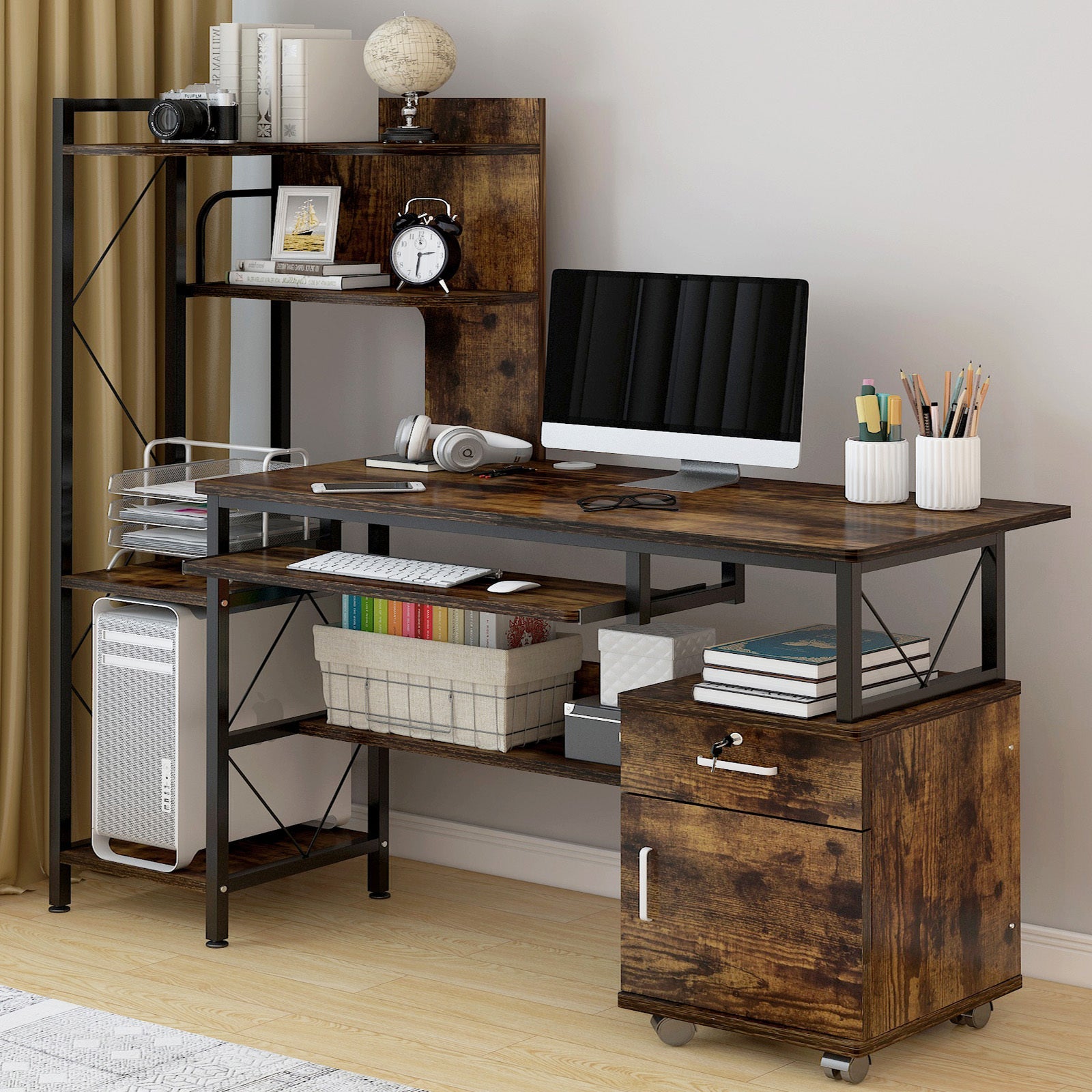 Prime Multi-function Computer Desk Workstation with Shelves & Cabinet