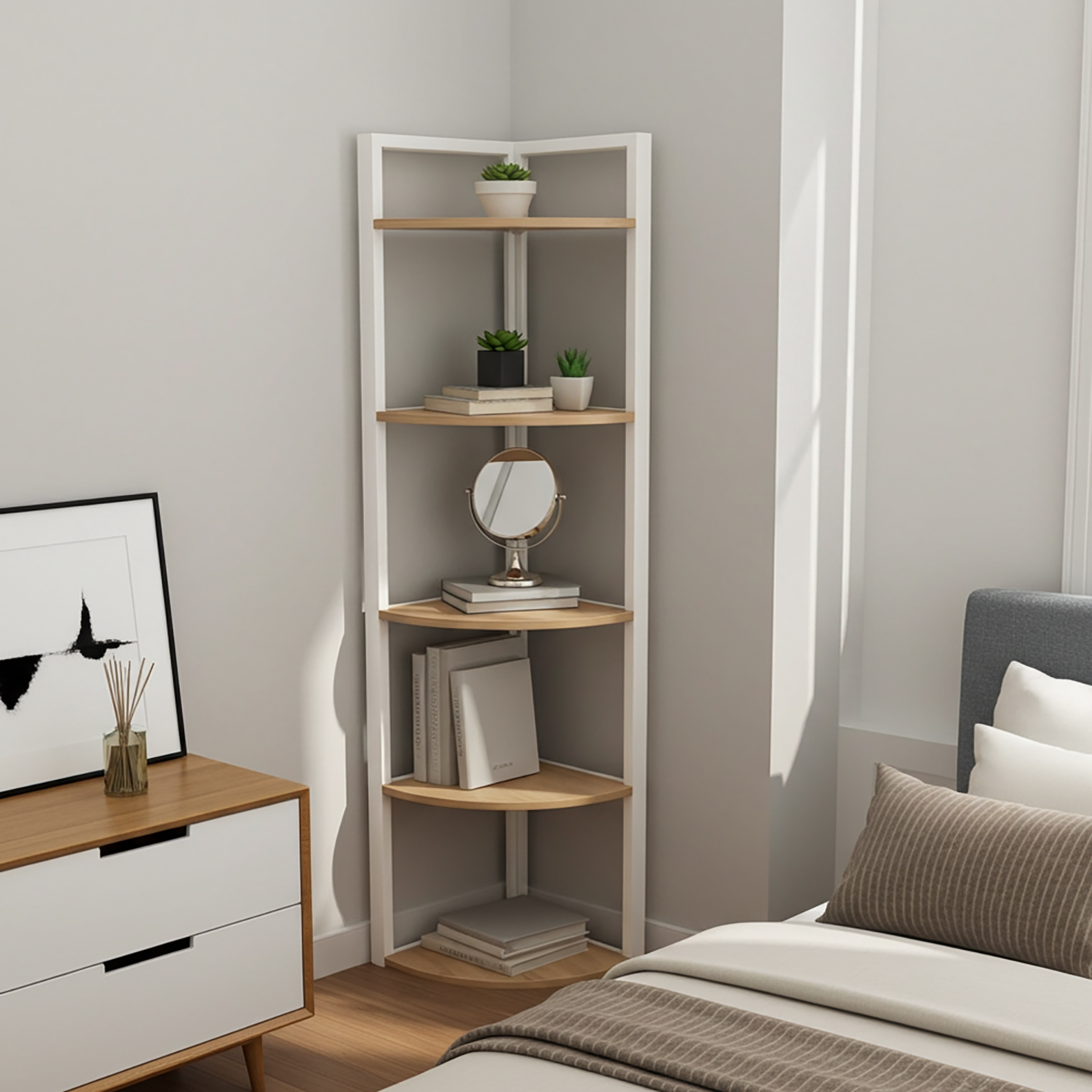 Optima 5 Tier Wood & Steel Corner Shelf Organizer Unit (Rustic Oak & White)