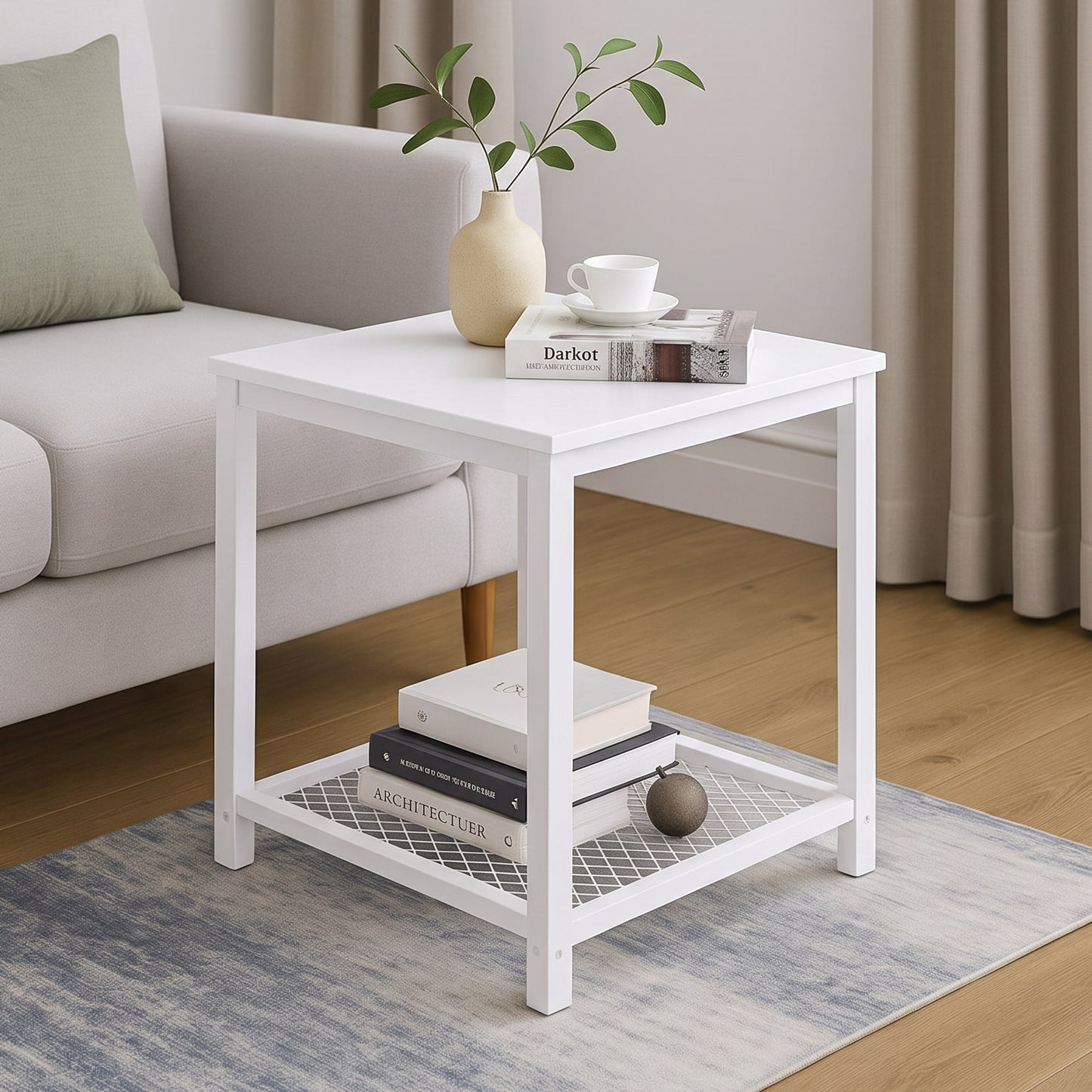 Loft White Industrial Wood & Steel Side Table with Storage Shelf