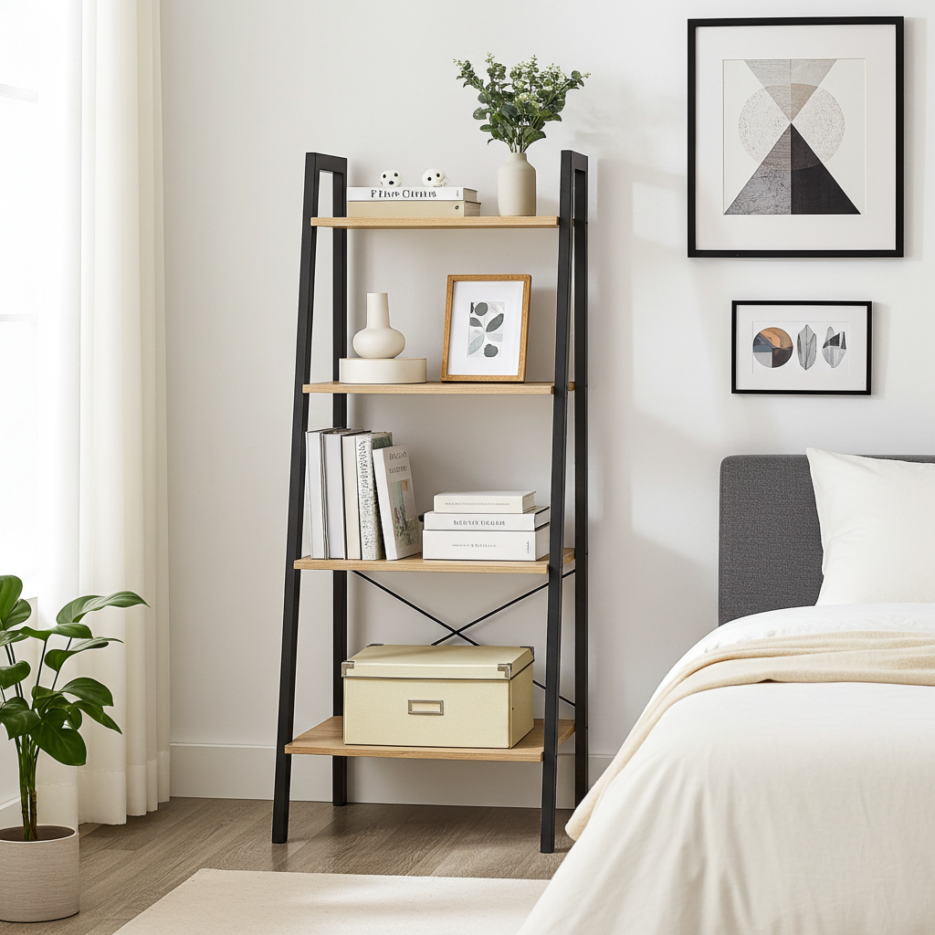 Elevate Rustic Oak 4-Tier Ladder Shelf Wood & Metal Bookcase Storage Organizer