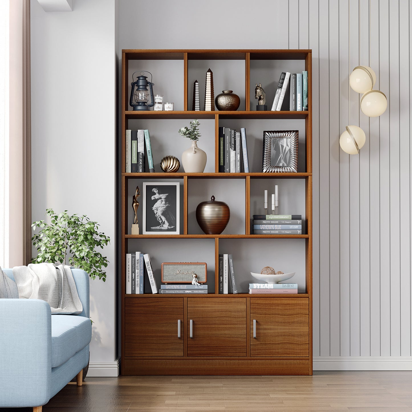 Alpha 10-Shelf 3-Door Wardrobe Cupboard Bookshelf Cabinet (Walnut)
