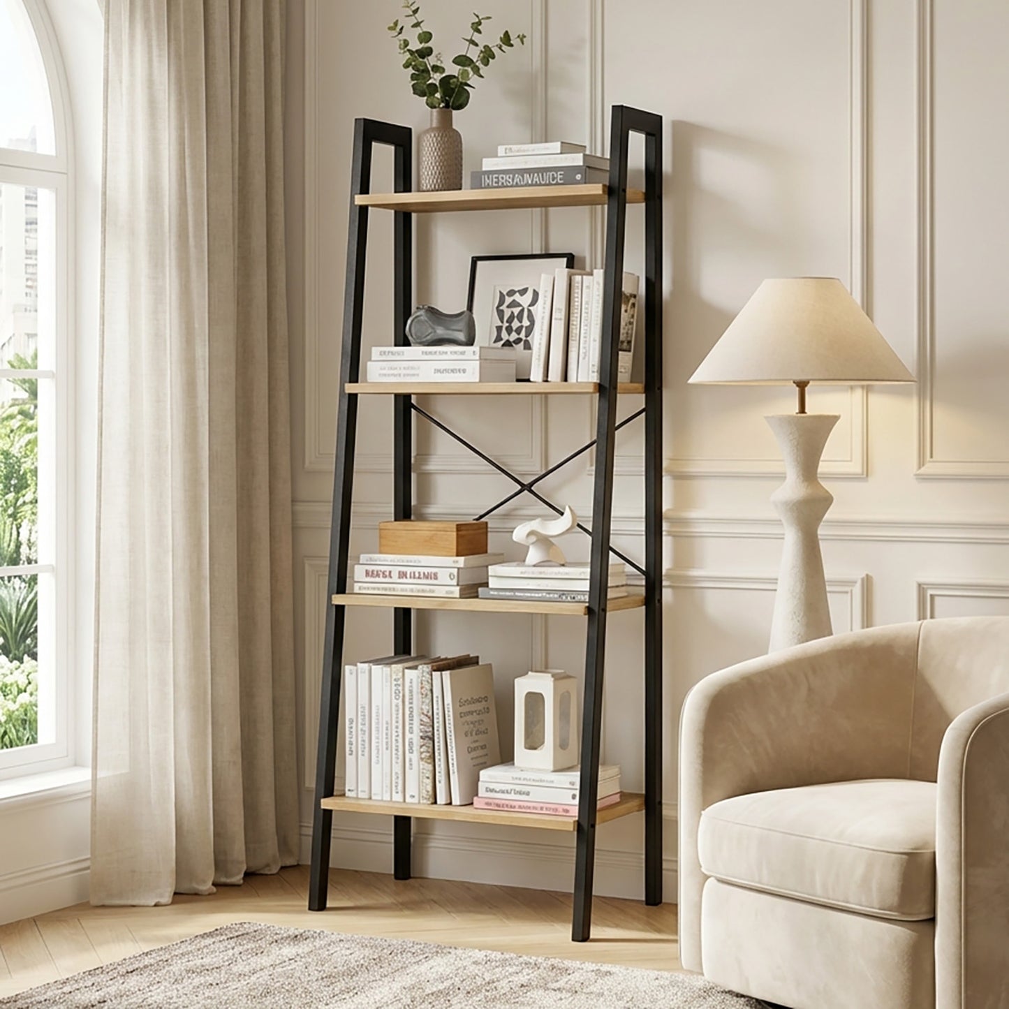 Elevate Rustic Oak 4-Tier Ladder Shelf Wood & Metal Bookcase Storage Organizer