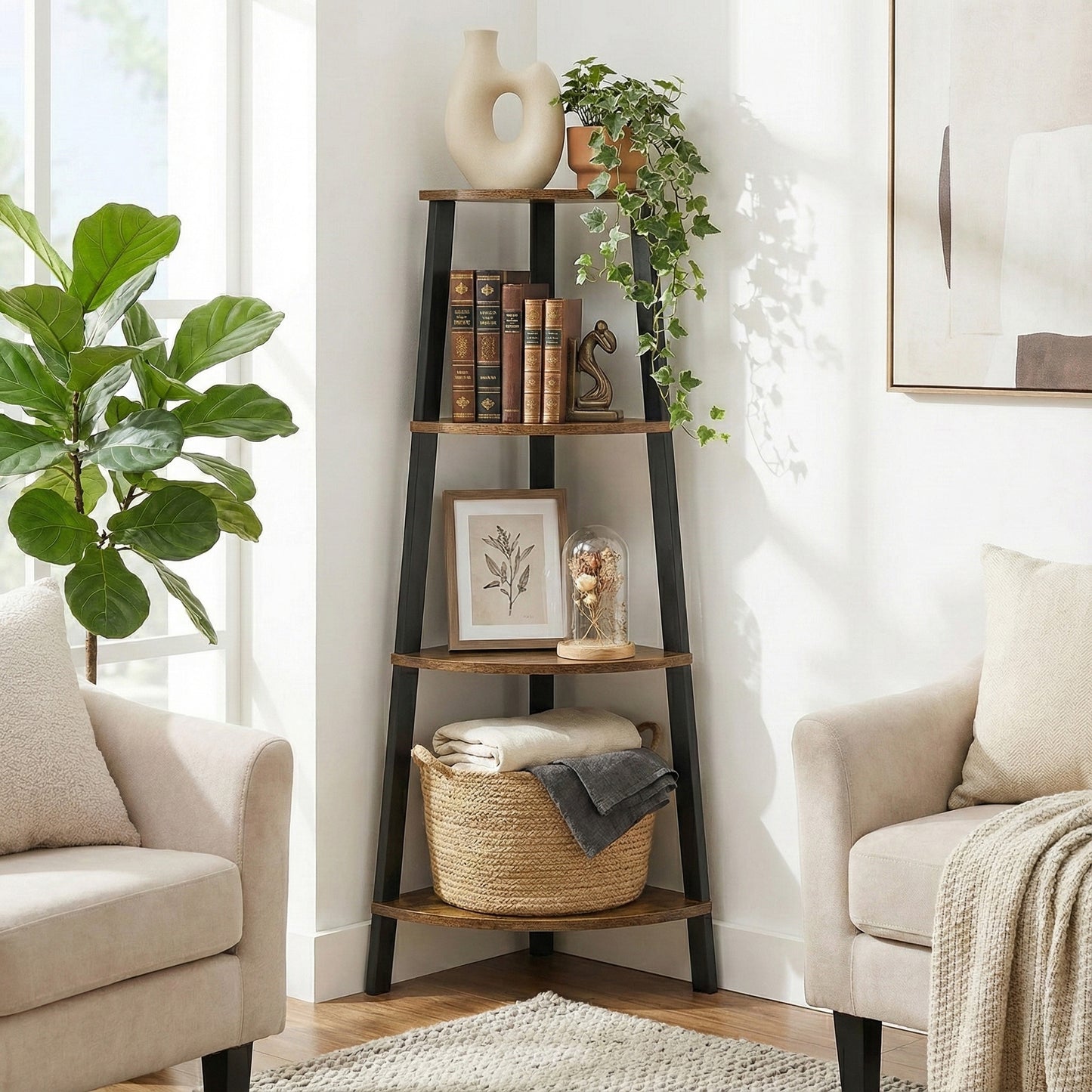 4-Tier Corner Ladder Shelf Unit Rustic Wood & Steel Display Stand Storage Rack