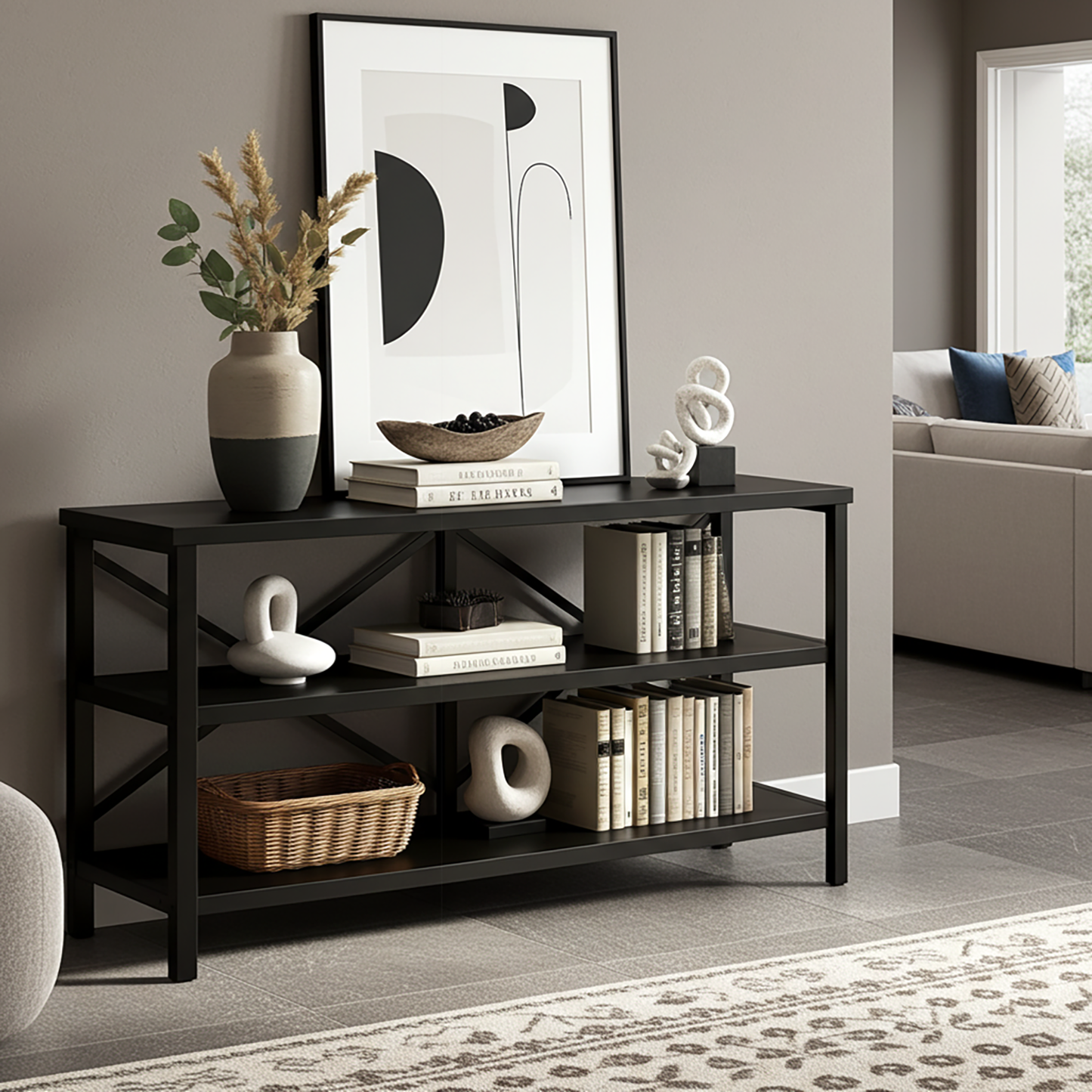 Serenity Industrial Console Table Bookcase TV Stand Storage Shelf Unit (Black)